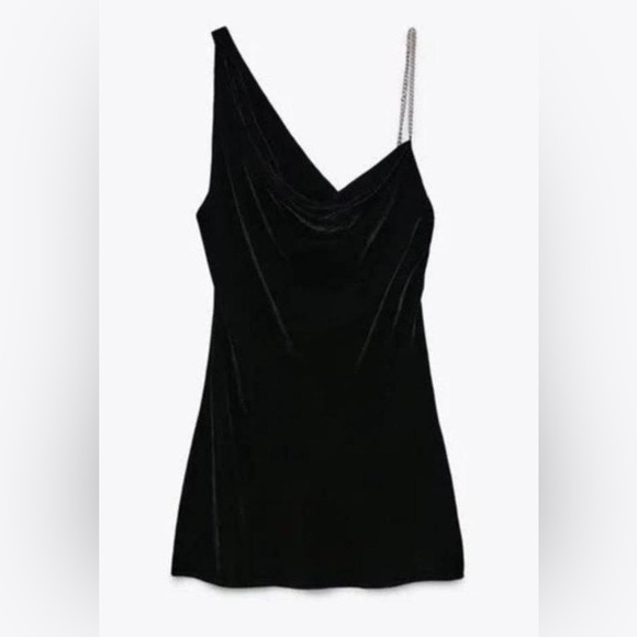 NWT Zara Black Velvet Asymmetric Chain Dress Blogger's Favorite 9274/507 Medium - Picture 2 of 11